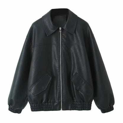 Cralom Retro Loose Faux Leather Jacket - Women's Moto Zip Coat
