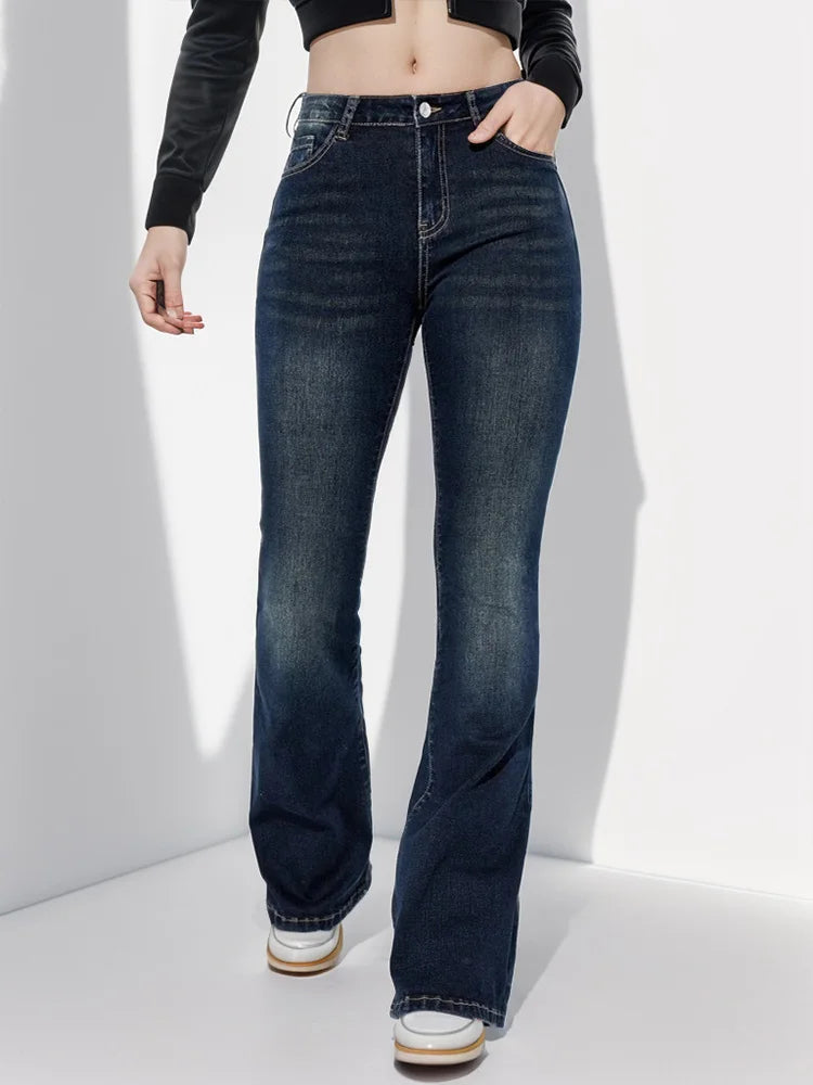 Cralom Vintage Washed Flare Jeans High Waist Slim Straight Pants