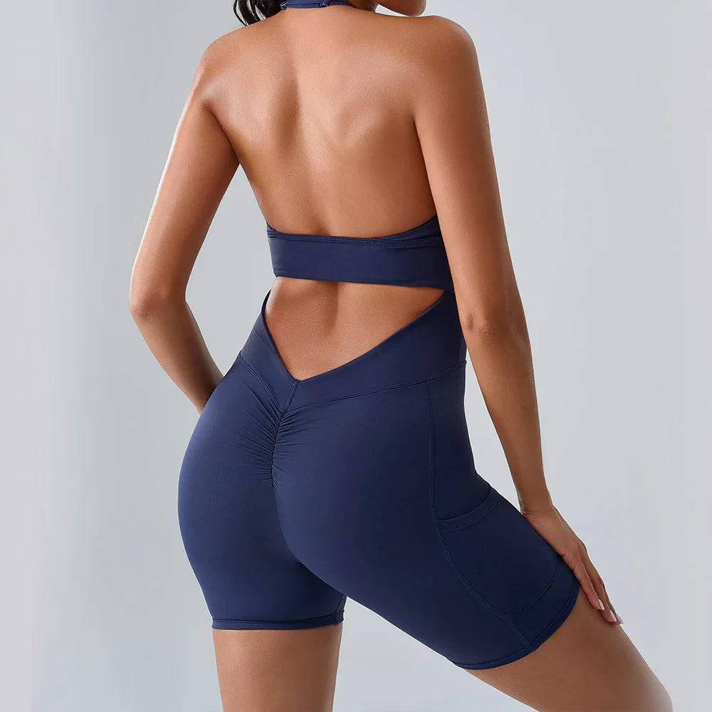 Cralom Seamless Yoga Fitness Shorts with Pockets and Backless Design