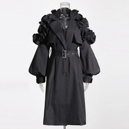 Cralom Belted Windcoat: Lapel Lantern Sleeve Trench Coats for Women