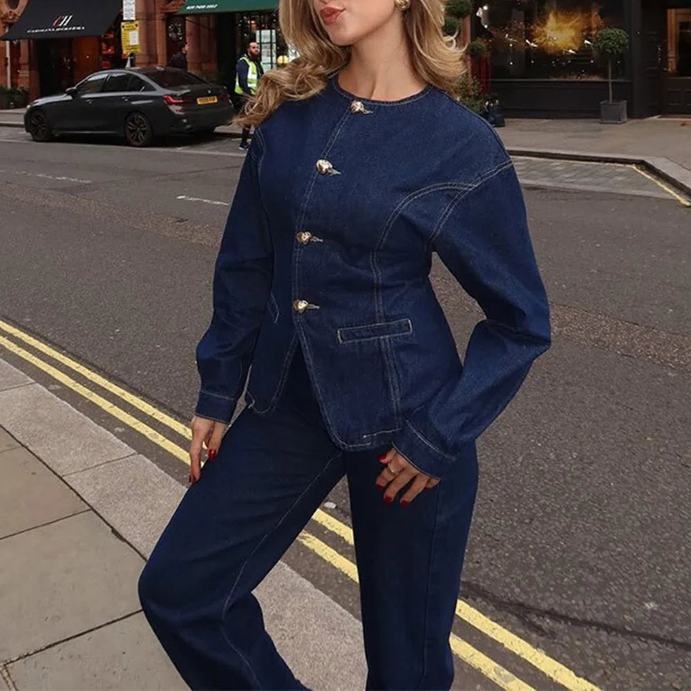 Cralom O Neck Button Coat & High Waist Pant Set for Women