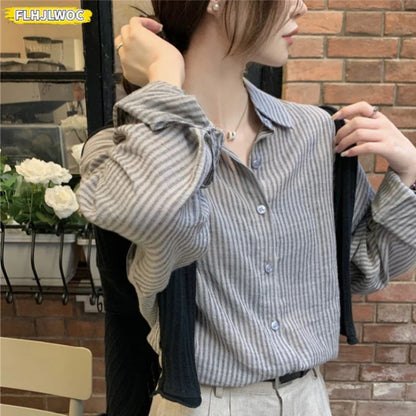 Cralom Striped Boyfriend Shirt: Lazy Korea Style Retro Loose Button Long Sleeve Blouse