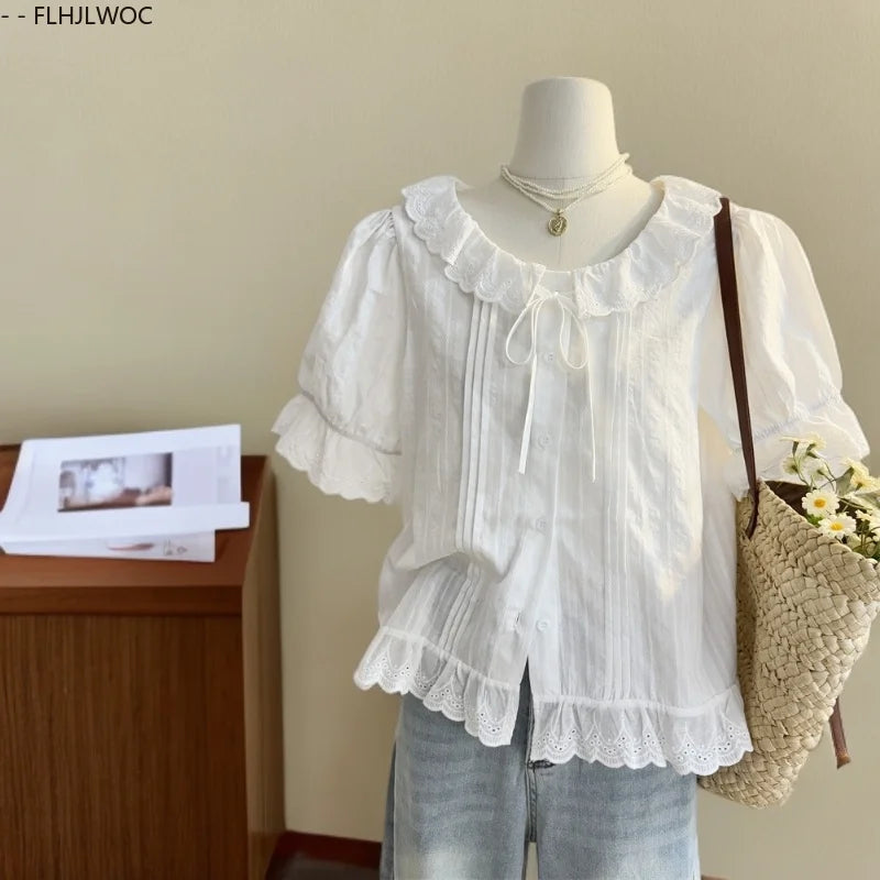 Cralom Ruffled Lace Summer Top - White Short Sleeve Casual Hollow Out Shirt