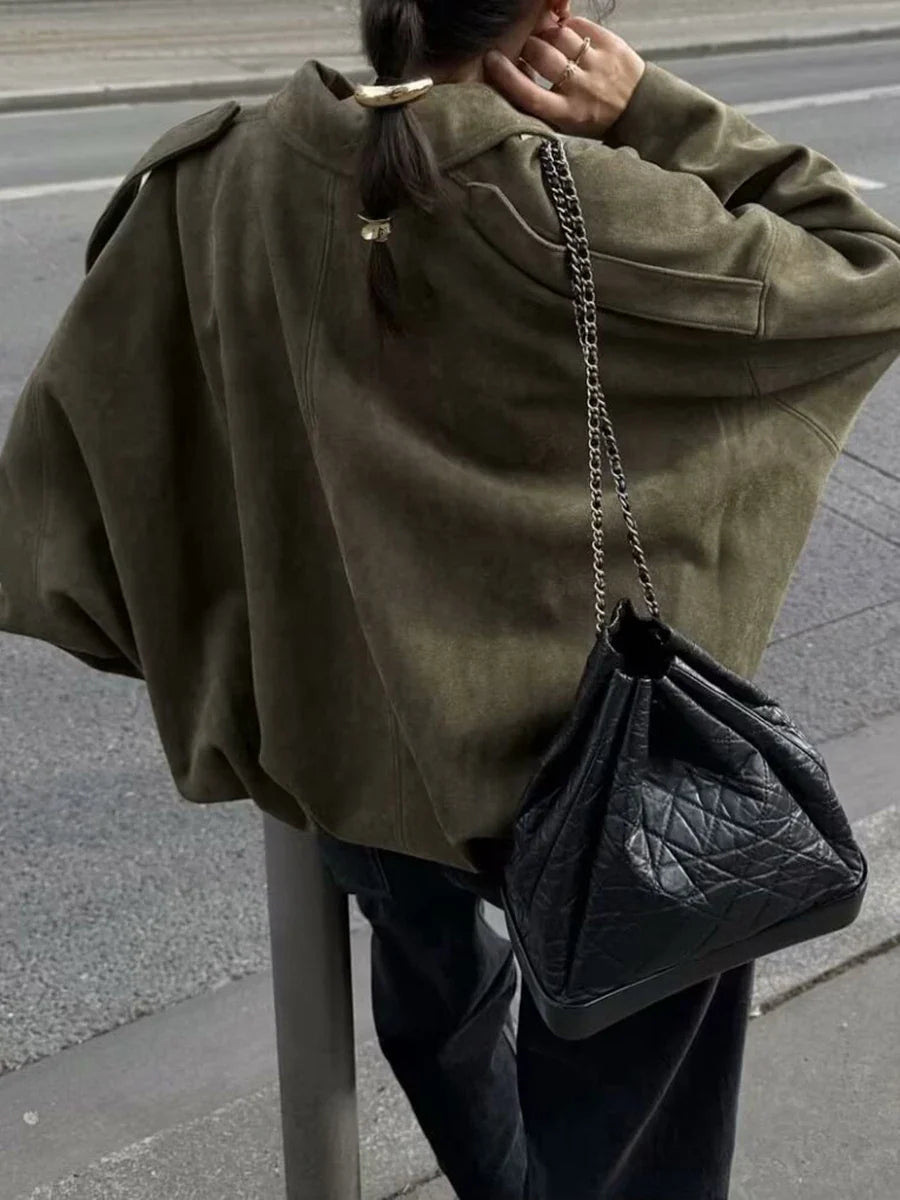 Cralom Lapel Zipper Jacket Women Long Sleeve Patchwork Coat