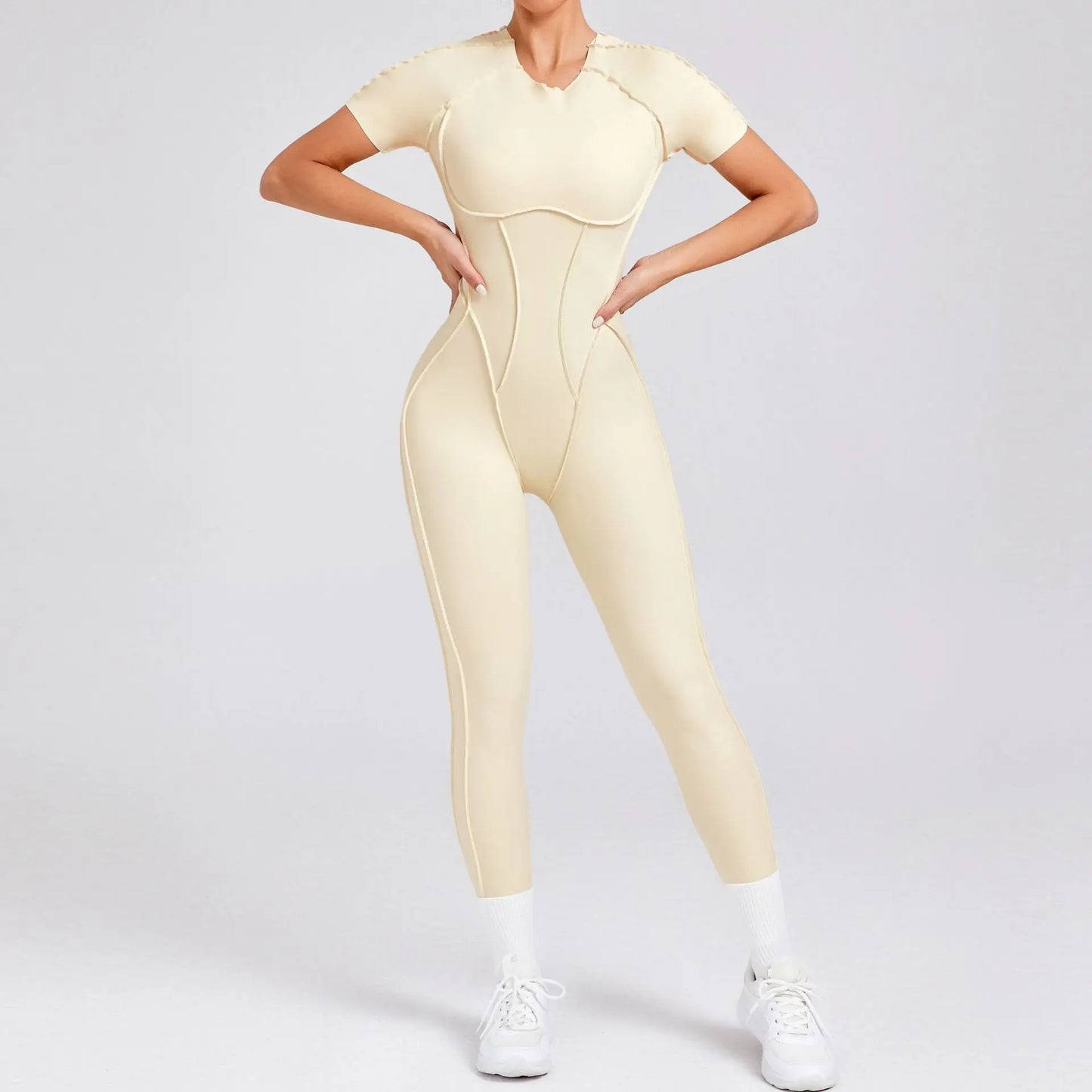 Cralom Seamless Backless Yoga Bodysuit - Short Sleeve Long Pants