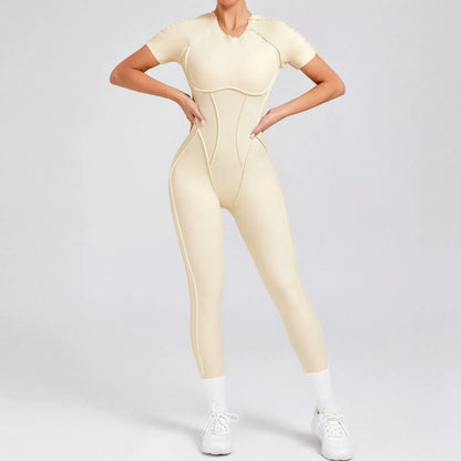 Cralom Seamless Backless Yoga Bodysuit - Short Sleeve Long Pants
