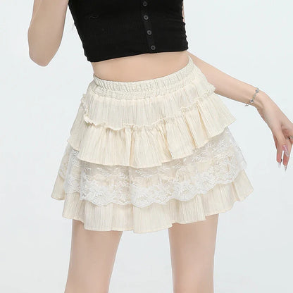 Cralom Sweet Ruffles A Line Mini Skirt - High Waist Lace Spliced Slim Solid Style