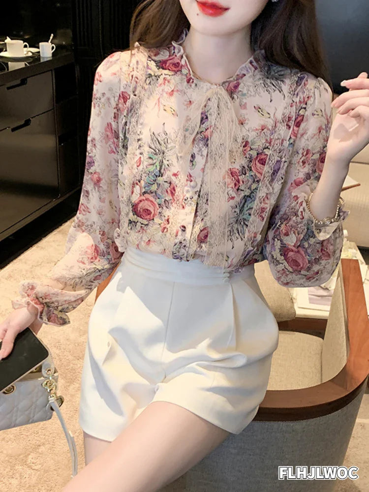 Cralom Chic Floral Button Blouse - Pink Ruffled Tops for Women