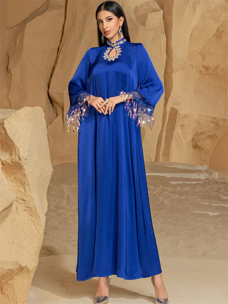 Helyn's Ramadan Eid Satin Abaya Muslim Evening Dress Caftan
