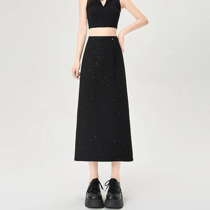 Cralom Elegant Sequins Suit Skirt- High Waist Slim A Line Midi Skirt