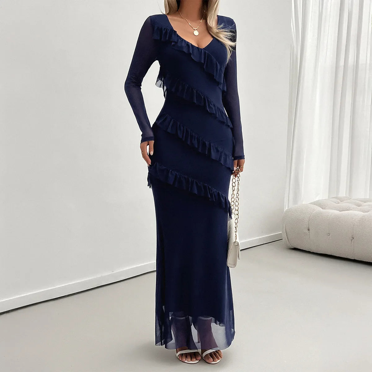 Cralom Women's V-Neck Mesh Dress: Solid Color, Slim Fit, Long-Sleeved. Suitable for Autumn & Winter.