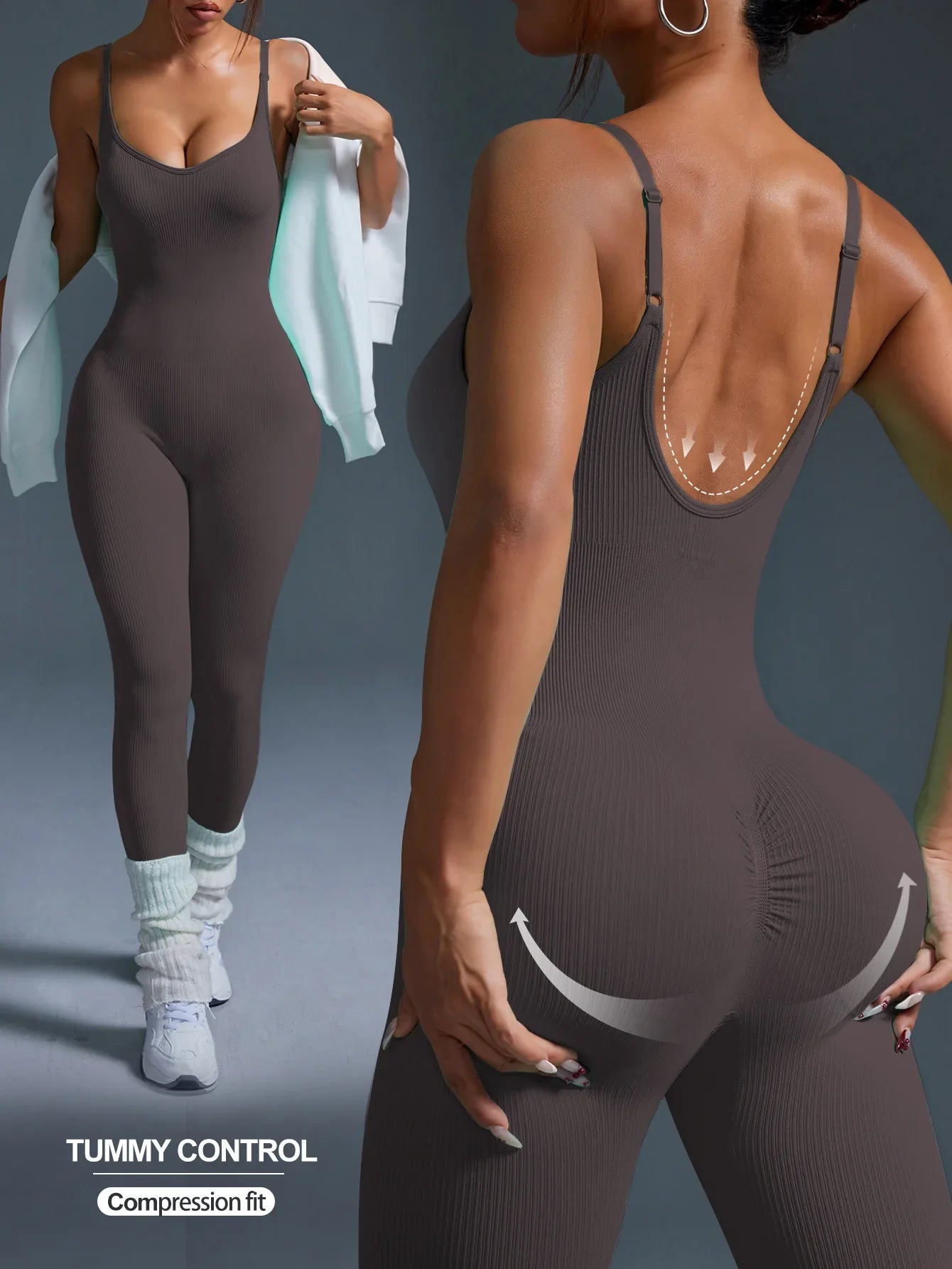 Cralom Ribbed Yoga Jumpsuit with Open Back for Lifting, Gym, and Workout