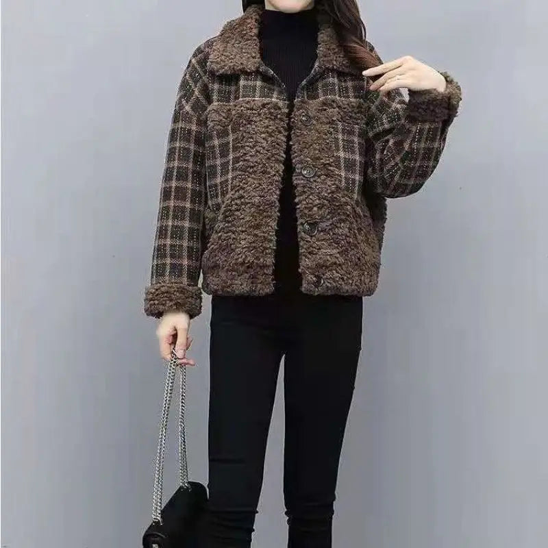 Cralom Fluffy Plaid Fleece Jacket for Women Warm Winter Coat
