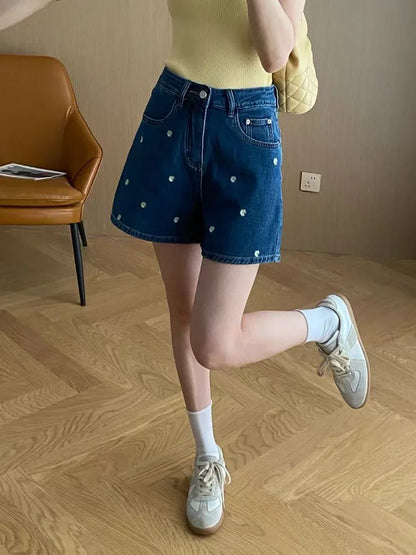 Cralom Vintage Denim Shorts High Waist Wide Leg Pants