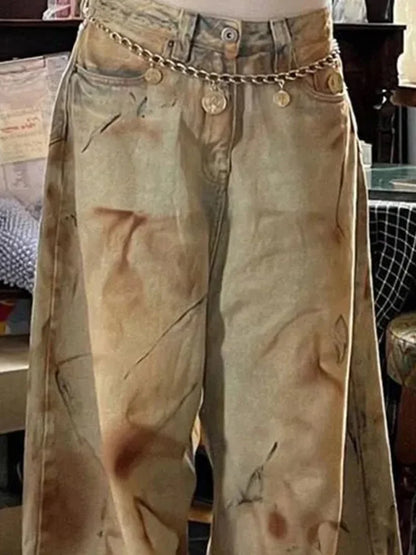 Cralom Vintage Tie Dye Wide Leg Denim Pants for Women