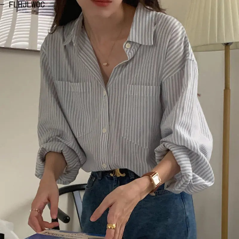 Cralom Striped Boyfriend Shirts: Sweet Girls' Retro Tops for a Cute Preppy Look