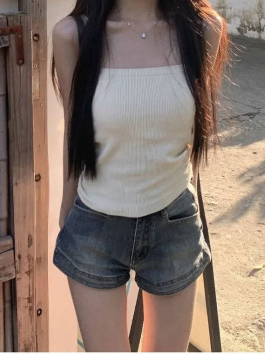 Cralom High Street Slimming Denim Shorts - Retro High Waist Straight Fit