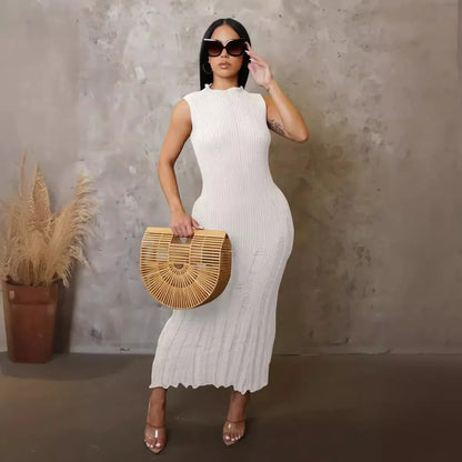 Cralom Women's Sleeveless Knitted Dress Solid Color Beach Long Skirt Summer 2024