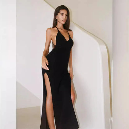 Cralom V-neck Backless Knitted Suspender Dress