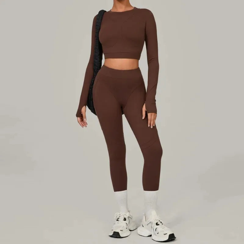 Cralom Brushed Yoga Set: Long Sleeve Top & High-Waist Leggings