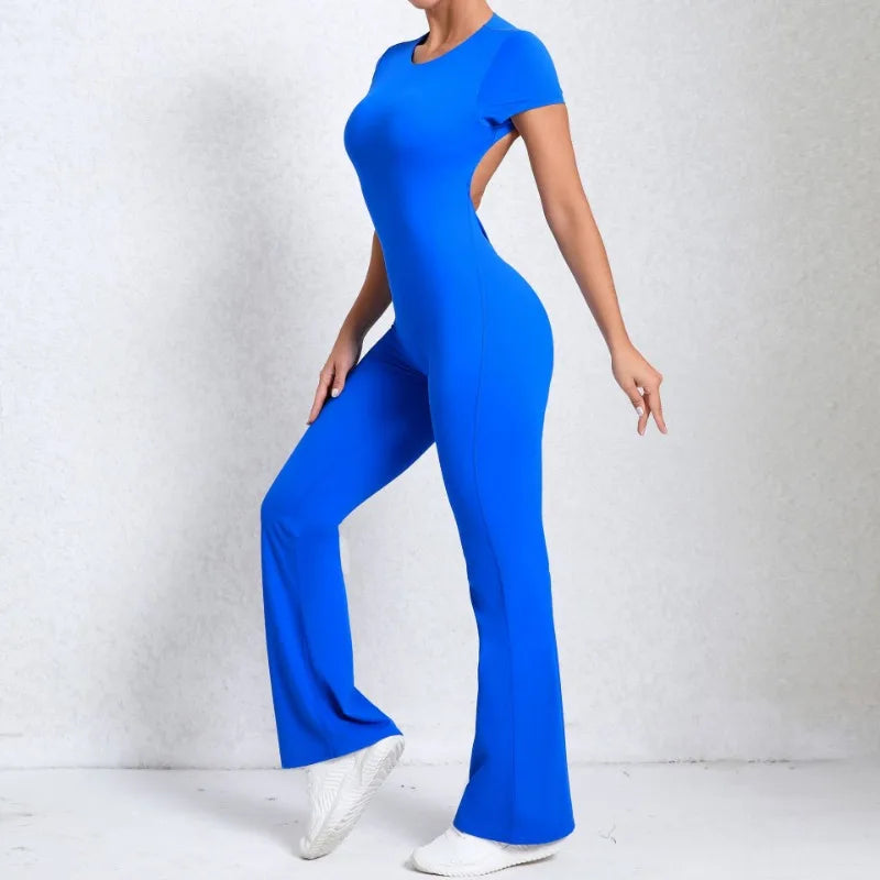 Cralom Deep Backless Yoga Jumpsuit - Flared Leg Naked Feeling Gym Wear