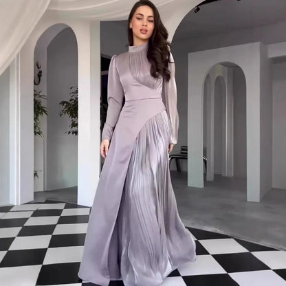Cralom Retro Dress: Round Neck Long Sleeve Slim Fit High Waist 2025 Autumn