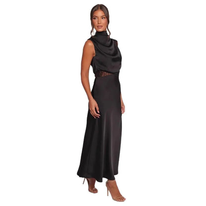 Cralom Solid Color Lace Dress with Hanging Neck and Waist for Women