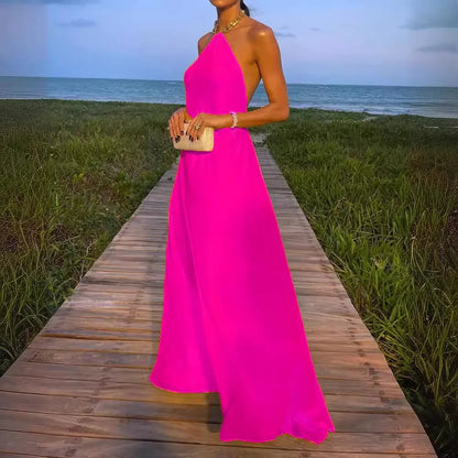Cralom Solid Color Hanging Neck Long Dress