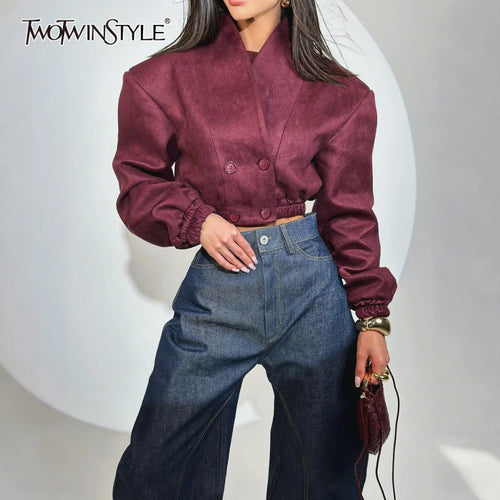 Cralom Winered Retro Slim Coat V Neck Double Breasted Short Jacket Women's Fashion