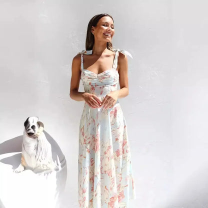 Floral Suspender Slimming Dress V-neck Waist Cinching Cralom Brand