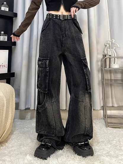 Cralom Women's Cargo Vintage Jeans | High Waist Straight Wide Leg Denim