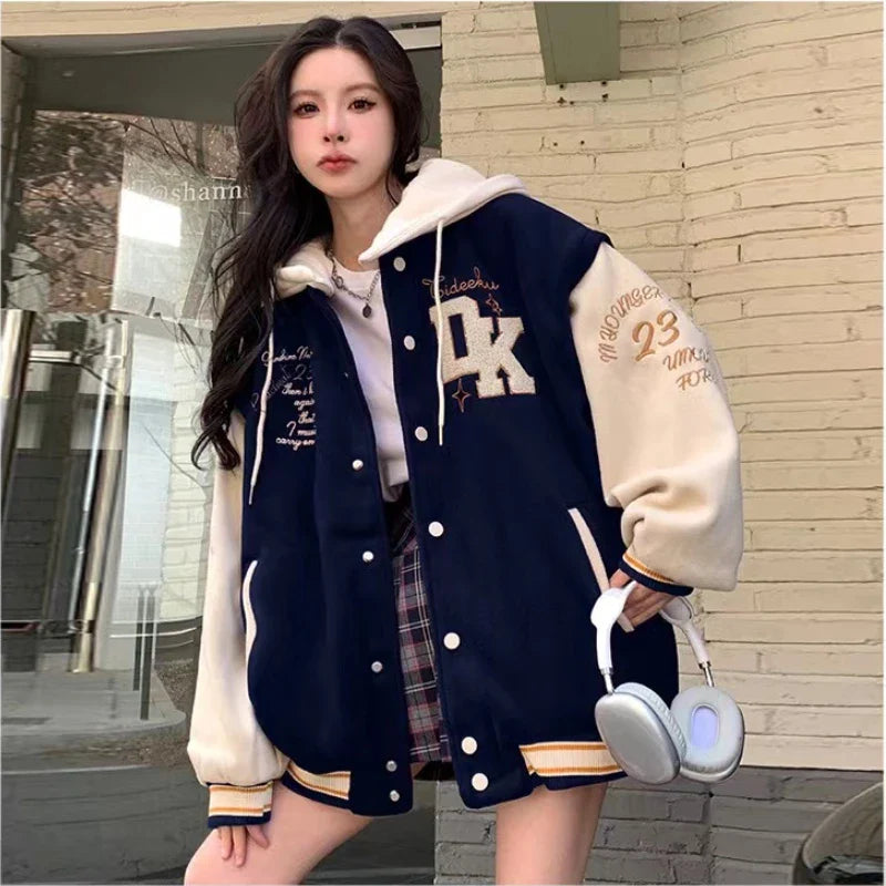Cralom Flocking Hooded Jacket: Y2K Street Fashion Baseball Style Coat