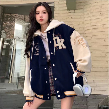 Cralom Flocking Hooded Jacket: Y2K Street Fashion Baseball Style Coat