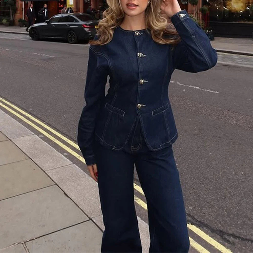Cralom O Neck Button Coat & High Waist Pant Set for Women