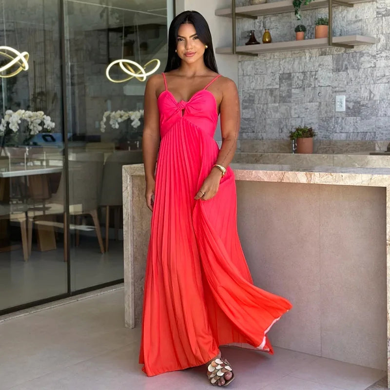 Cralom Women's Gradient Color Long Skirt with Strap, Sweet & Fresh A-line Dress