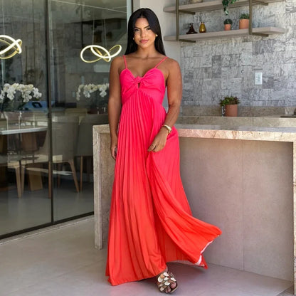 Cralom Women's Gradient Color Long Skirt with Strap, Sweet & Fresh A-line Dress