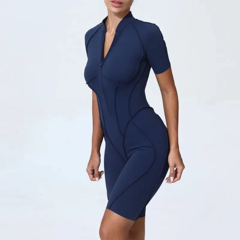 Cralom Seamless Yoga Jumpsuit Short Sleeve Fitness Bodysuit Zipper Activewear