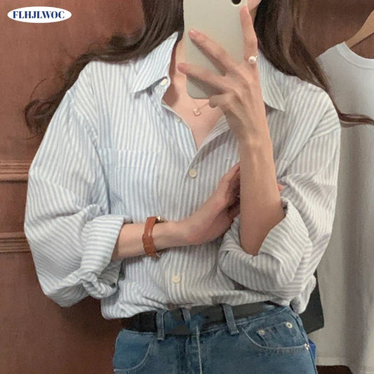 Cralom Striped Boyfriend Shirts: Sweet Girls' Retro Tops for a Cute Preppy Look