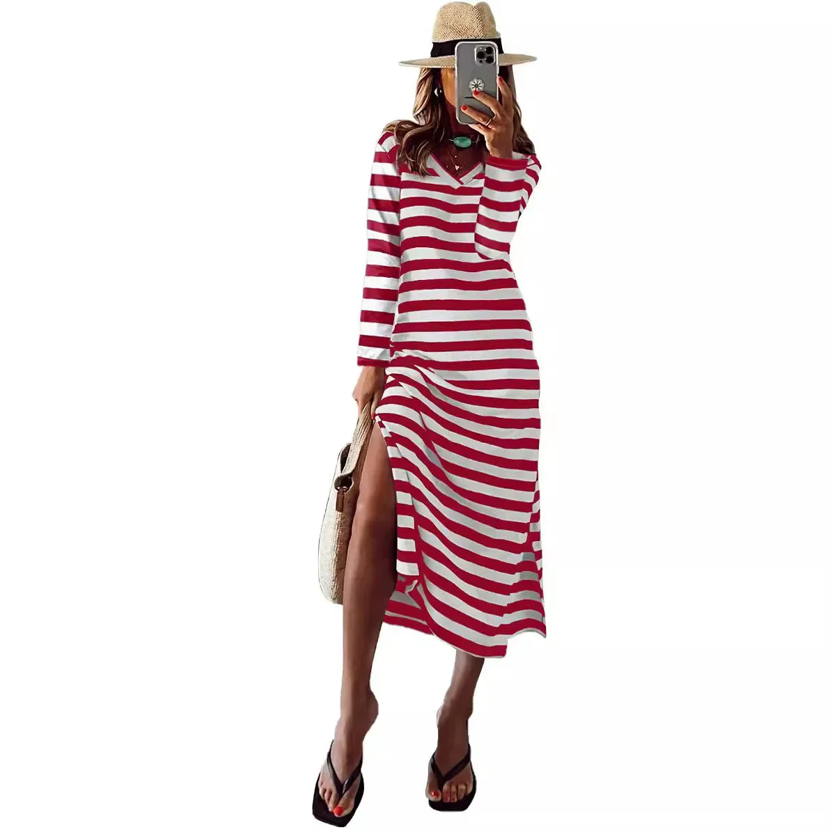 Cralom Women's V-neck Striped Long Sleeve Slit Dress