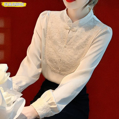 Cralom Women's Chinese Style Embroidered Long Sleeve Blouse Stand Collar Frog Buttons