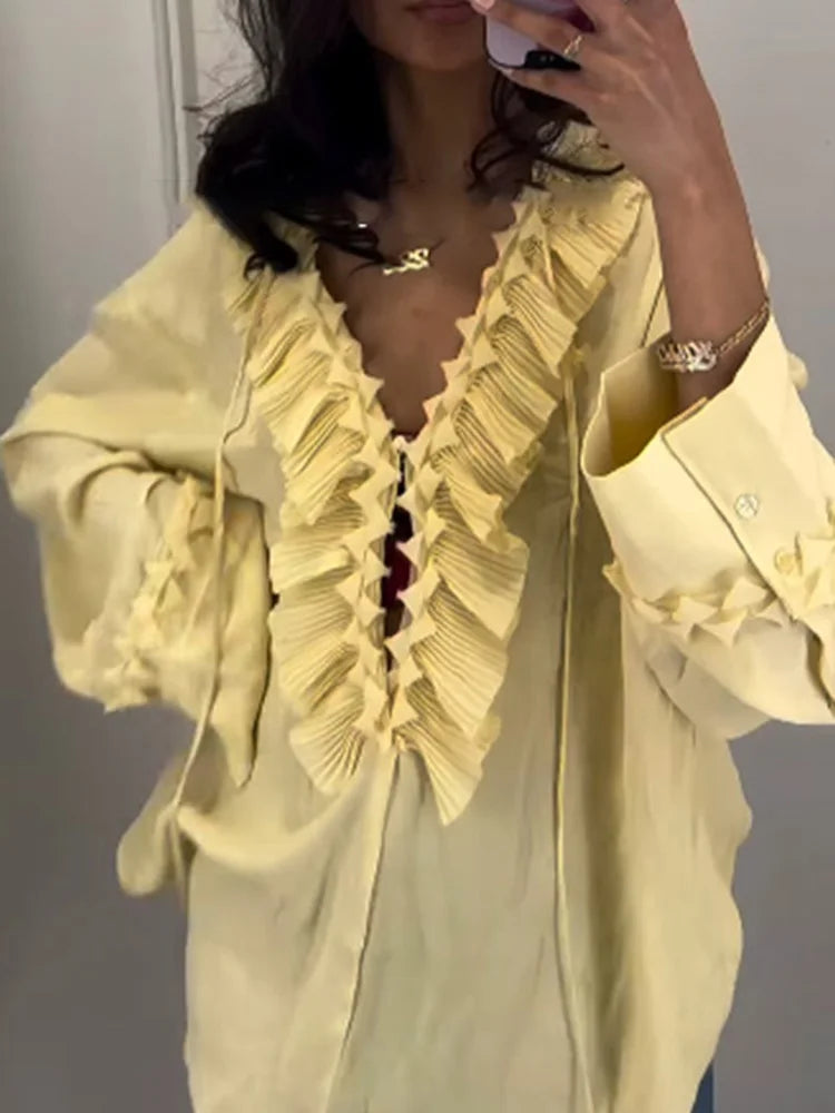 Cralom Ruffled Chiffon Shirt Casual V-Neck Blouse Women's Streetwear Tops