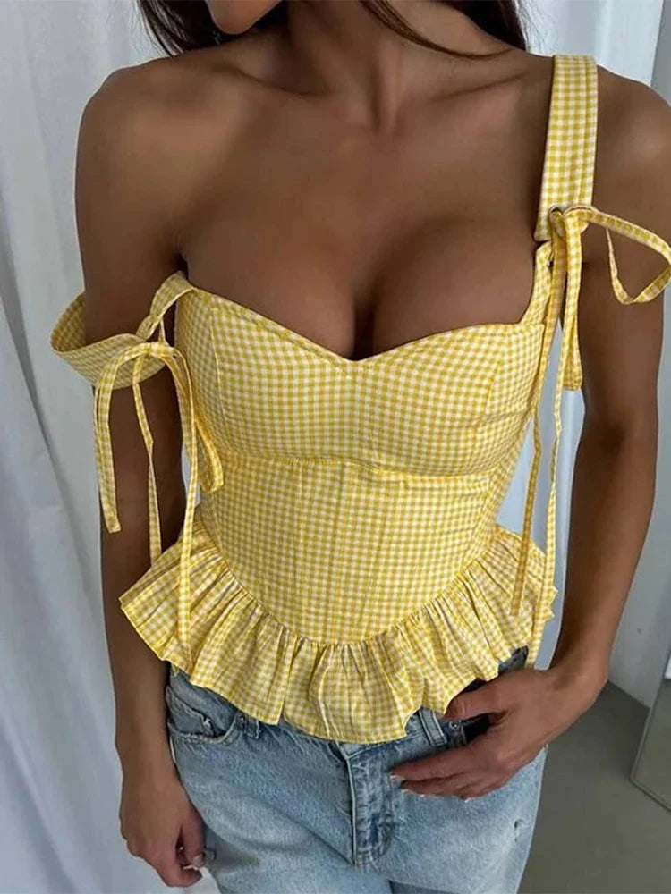 Cralom Plaid Ruffles Sling Crop Top U-neck Sleeveless Vest