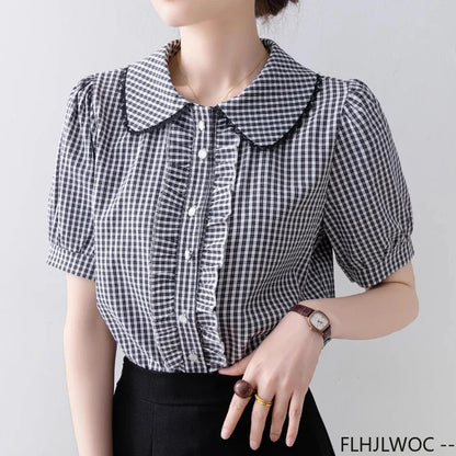 Cralom 2025 Summer Peter Pan Collar Plaid Top Retro Vintage Ruffles Button Blouse
