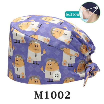 Cralom Cartoon Print Cotton Scrub Caps for Pet Grooming & Medical Professionals