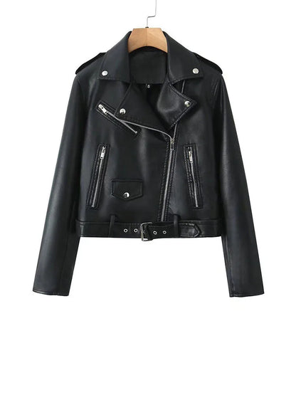 Cralom Faux Leather Lady Jacket Zipper Short Motorcycle Coat