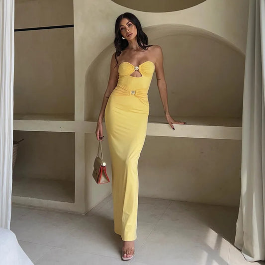 Cralom One Shoulder Patchwork Metal Color Strapless Dress – Summer 2025