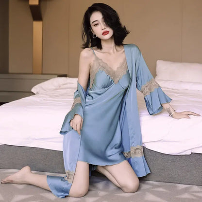 Cralom Luxury Ice Silk Suspender Nightgown Set with Chest Pad - Women's Sexy Pajamas