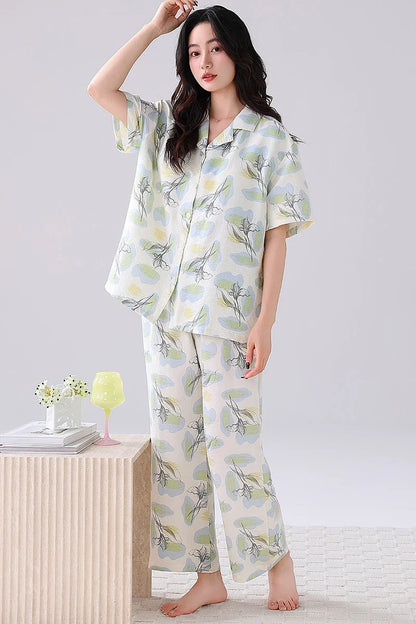 Cralom Soft Floral Print Pajama Set Short Sleeve Top Bra Inside Pant Comfort Sleepwear