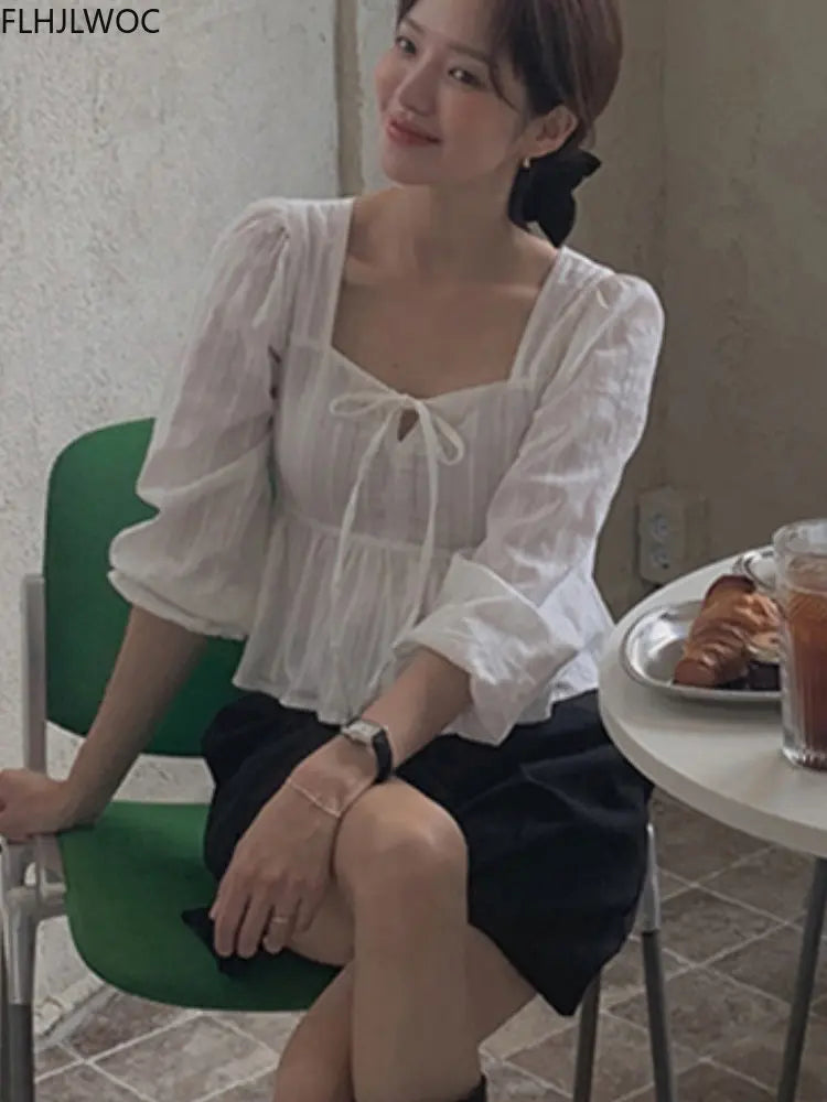 Cralom Peplum Ruffles Bow Tie Crop Top - White Square Neck Blouse