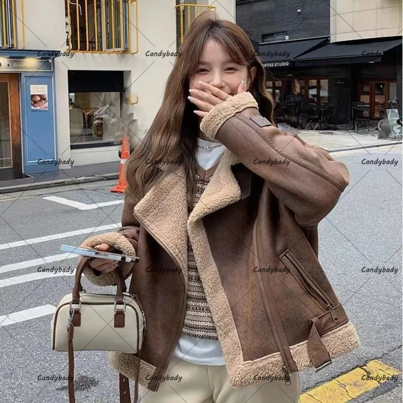 Cralom Imitation Lambswool Coat: Y2K Style Short Fur Jacket for Women